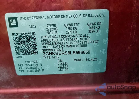 2020 Chevrolet Blazer Rs из США, поврежденный, VIN 3GNKBERS8LS596659